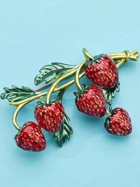 Red Strawberry Gold Green Branch Brooch